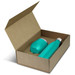 A teal drink bottle and a teal cup packaged in a brown gift box, with a logo on the bottle. A teal drink bottle and a teal cup packaged in a brown gift box, with a logo on the bottle.