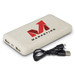 A light beige power bank with dual USB ports and a charging cable. It features a logo on one side. A light beige power bank with dual USB ports and a charging cable. It features a logo on one side.