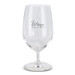 A clear wine glass with a curved bowl and a sturdy base, featuring a logo. A clear wine glass with a curved bowl and a sturdy base, featuring a logo.