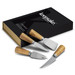 A cheese knife set with three stainless steel knives featuring wooden handles, presented in a black and gold box. A cheese knife set with three stainless steel knives featuring wooden handles, presented in a black and gold box.