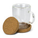 A clear glass coffee cup with a cork base and lid, featuring a stylish handle. A clear glass coffee cup with a cork base and lid, featuring a stylish handle.