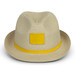 A beige fedora hat with a yellow band and a blank square patch on the front. A beige fedora hat with a yellow band and a blank square patch on the front.