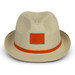 A beige fedora hat with a wide brim and an orange band around the base. The hat features a blank space for a logo. A beige fedora hat with a wide brim and an orange band around the base. The hat features a blank space for a logo.