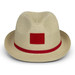 A beige fedora hat with a red band and a square patch area. It has a textured design and is designed for casual wear. A beige fedora hat with a red band and a square patch area. It has a textured design and is designed for casual wear.