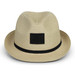 A beige fedora hat with a textured finish and a black band, featuring a blank label on the front. A beige fedora hat with a textured finish and a black band, featuring a blank label on the front.
