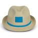 A straw fedora hat in beige with a blue band and a square logo patch.
