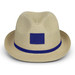 A light beige fedora hat featuring a blue band and a blank area for branding. The texture is ribbed.