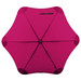 A pink BLUNT Classic Umbrella with a unique, eight-panel design and a central hub. It features a logo on the handle. A pink BLUNT Classic Umbrella with a unique, eight-panel design and a central hub. It features a logo on the handle.