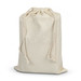A cream drawstring pouch made of fabric, featuring two ropes for closure.