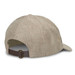 A beige cap with a textured fabric and an adjustable brown strap at the back, featuring a logo.