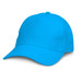 A blue cap with a curved brim and a rounded crown, featuring a branding logo.