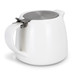 A white teapot with a stainless steel lid and a sleek handle, designed for serving tea.