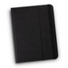 A black tablet case with a textured surface and a black elastic strap, featuring a logo.