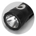 A black rechargeable torch featuring a silver button and a reflective lens. It has a branding logo on its side.