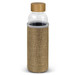 A drink bottle featuring a clear glass body with a natural fabric sleeve and a wooden lid.