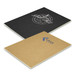 A large notebook with a black cover featuring a logo, and a brown back cover, showcasing a simple design.