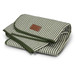 A folded picnic blanket featuring green and cream stripes, finished with a dark green trim and a small branded label. A folded picnic blanket featuring green and cream stripes, finished with a dark green trim and a small branded label.
