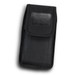 A black phone pouch with a textured finish and a flap closure. It features a logo. A black phone pouch with a textured finish and a flap closure. It features a logo.
