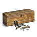 A wooden keepsake wine box set containing a corkscrew, bottle stopper, and two tools, with a brass clasp. A wooden keepsake wine box set containing a corkscrew, bottle stopper, and two tools, with a brass clasp.