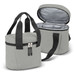 A grey cooler bag with a zippered opening, featuring two sturdy handles and an interior lining. It has a logo. A grey cooler bag with a zippered opening, featuring two sturdy handles and an interior lining. It has a logo.