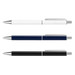 A set of three metal pens in white, navy blue, and black, featuring chrome accents and a branding logo.