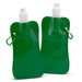 A green collapsible drink bottle with a screw-top lid and a carabiner attachment. Features a small logo. A green collapsible drink bottle with a screw-top lid and a carabiner attachment. Features a small logo.