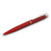 A red plastic pen with a silver clip, featuring a sleek, smooth design and a branding logo.