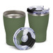 A drink bottle set featuring two green vacuum cups with stainless steel interiors and clear lids. A drink bottle set featuring two green vacuum cups with stainless steel interiors and clear lids.