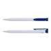 A recycled plastic pen in white with blue accents, featuring a logo on the side. A recycled plastic pen in white with blue accents, featuring a logo on the side.