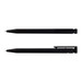 A black recycled plastic pen featuring a sleek design and a clip, showcasing both a capped and uncapped view. A black recycled plastic pen featuring a sleek design and a clip, showcasing both a capped and uncapped view.