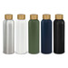 A drink bottle collection featuring aluminium in silver, white, green, navy, and black, each with a bamboo lid and branding. A drink bottle collection featuring aluminium in silver, white, green, navy, and black, each with a bamboo lid and branding.