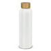 A drink bottle in white with a bamboo lid, featuring a sleek design and a logo on the side. A drink bottle in white with a bamboo lid, featuring a sleek design and a logo on the side.