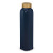 A drink bottle in navy blue with a bamboo lid, featuring a sleek, modern design and a branding logo. A drink bottle in navy blue with a bamboo lid, featuring a sleek, modern design and a branding logo.