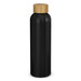 A drink bottle in matte black with a bamboo lid and a simple logo on the body. A drink bottle in matte black with a bamboo lid and a simple logo on the body.