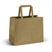 A medium flat handle paper bag in a natural brown colour with two sturdy handles. It features a logo but no text. A medium flat handle paper bag in a natural brown colour with two sturdy handles. It features a logo but no text.