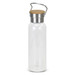 A drink bottle made of clear glass with a metal cap and a light wooden lid. It features a handle.