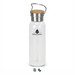 A drink bottle with a clear glass body, stainless steel lid, and a wooden top, featuring a logo.