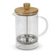 A coffee plunger with a clear glass body, metal filter, and a wooden lid. Ideal for brewing beverages. A coffee plunger with a clear glass body, metal filter, and a wooden lid. Ideal for brewing beverages.