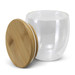 A drink cup made of clear glass with a bamboo lid, featuring a smooth, rounded design.