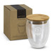 A glass cup with a bamboo lid, featuring a clear design and a box for packaging, showcasing a natural aesthetic. A glass cup with a bamboo lid, featuring a clear design and a box for packaging, showcasing a natural aesthetic.