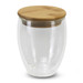A drink bottle featuring a clear glass body with a bamboo lid, suitable for various beverages.
