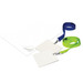 Name badges in white with green and blue lanyards, accompanied by a stack of blank badge inserts.
