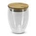 A drink bottle with a clear glass body and a bamboo lid, designed for reusable coffee or beverages.