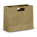 A large landscape die cut paper bag in a brown, kraft finish with a cut-out handle. A large landscape die cut paper bag in a brown, kraft finish with a cut-out handle.