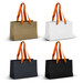 Small ribbon handle paper bags in white, black, gold, and dark grey, featuring orange ribbon handles. Small ribbon handle paper bags in white, black, gold, and dark grey, featuring orange ribbon handles.