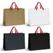 Extra large paper bags in gold, white, and black with red ribbon handles and a logo. Extra large paper bags in gold, white, and black with red ribbon handles and a logo.