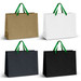 Four extra large ribbon handle paper bags in brown, white, green, and black with green handles. Four extra large ribbon handle paper bags in brown, white, green, and black with green handles.