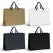 A collection of extra large ribbon handle paper bags in gold, white, and black. Each bag features a branded logo. A collection of extra large ribbon handle paper bags in gold, white, and black. Each bag features a branded logo.