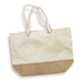 A tote bag with a cream upper section and a tan burlap bottom, featuring rope handles and a logo. A tote bag with a cream upper section and a tan burlap bottom, featuring rope handles and a logo.