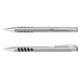 A metal pen in silver with black accents and grip features, featuring a clip and a logo.